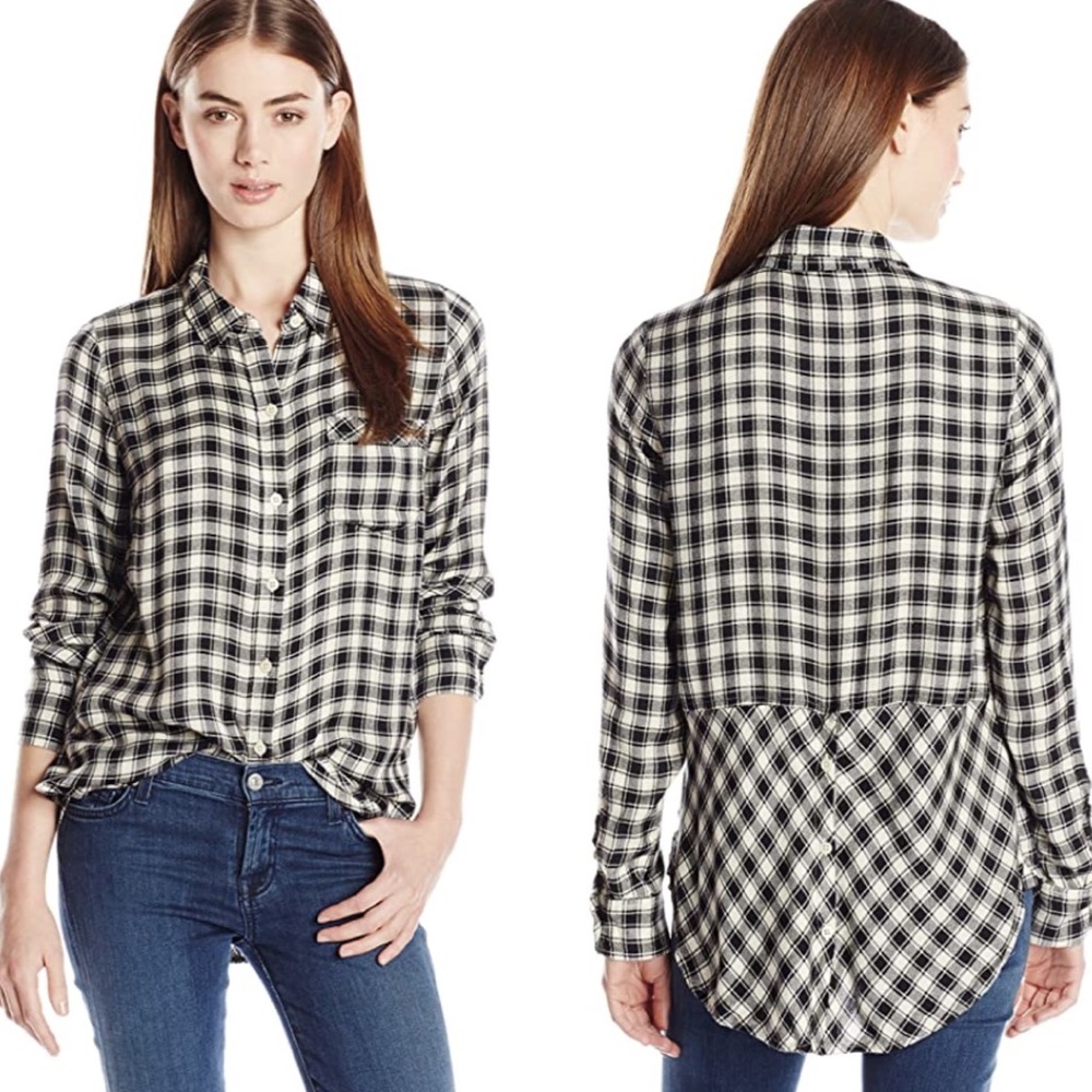 Lucky Brand bungalow button back checkered flannel button down black white top